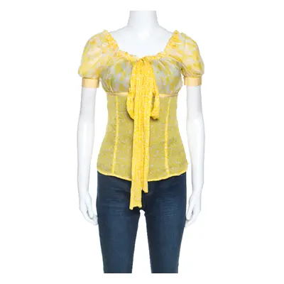 D&G Yellow Floral Print Sheer Silk Crepe Elasticized Neck Blouse