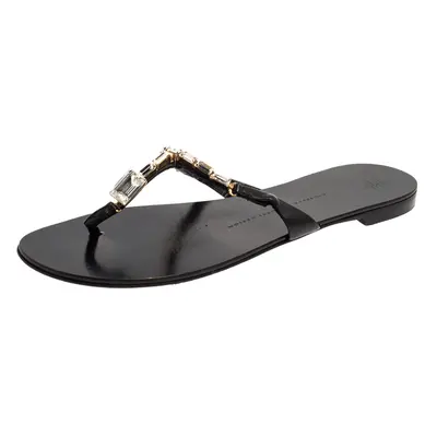 Giuseppe Zanotti Black Leather Jewel Embellished Thong Flat Sandals Size