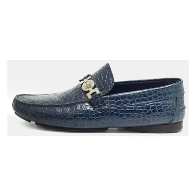 Versace Navy Blue Embossed Croc Medusa Buckle Loafers Size