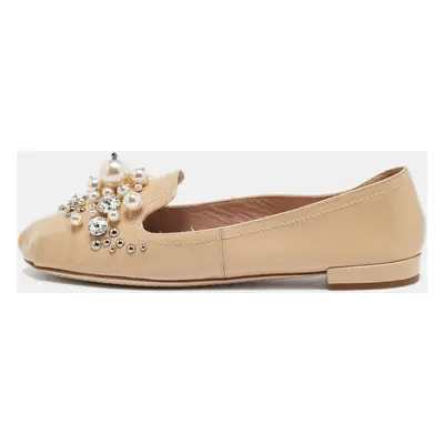 Miu Miu Beige Patent Leather Faux Pearls Ballet Flats Size 37.5