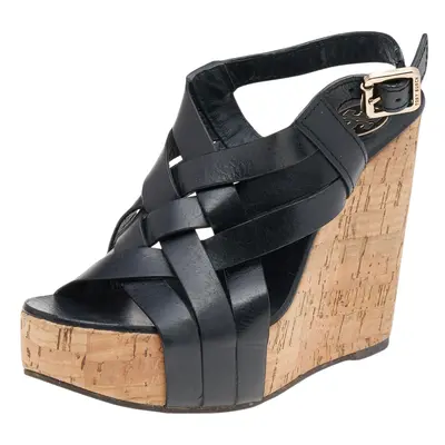 Tory Burch Black Leather Cork Wedge Strappy Platform Sandals Size