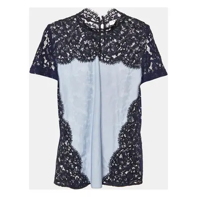 Sandro Blue Lace and Cotton High Neck Blouse