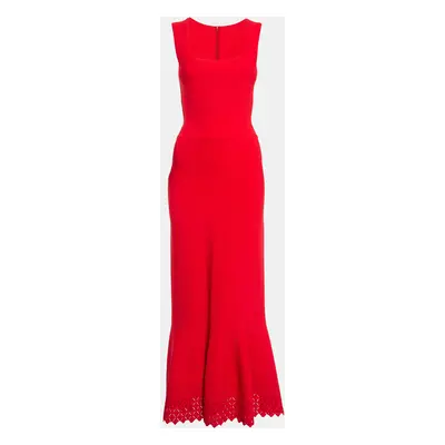 Alaia Red Stretch Knit Cut-Out Detail Hem Fishtail Maxi Dress