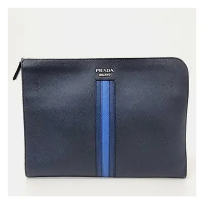 Prada Blue Leather Saffiano Treble Clutch