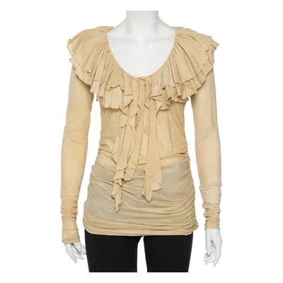 Ralph Lauren Beige Cool Dye Effect Cotton Knit Ruffle Detail Ruched Top