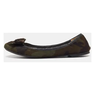 Prada Olive Green Calf Hair Scrunch Bow Ballet Flats Size