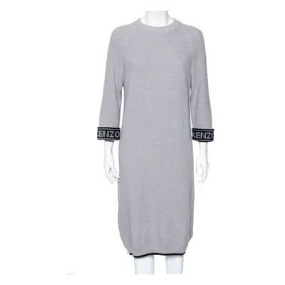 Kenzo Grey Knit Logo Trimmed Detailed Long Sleeve Sweater Dress