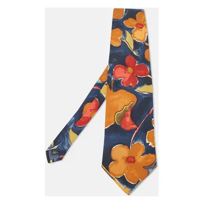 Ermenegildo Zegna Navy Blue Floral Paint Print Silk Traditional Tie