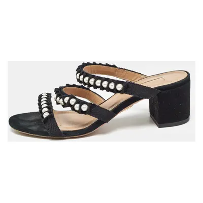 Aquazzura Black Suede and Canvas Love Story Slide Sandals Size 37.5