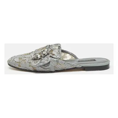 Dolce & Gabbana Grey Lace Crystals Embellished Flat Mules Size