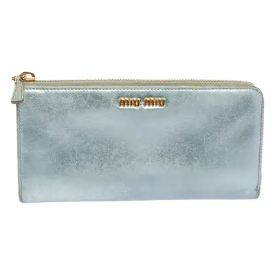 Miu Miu Metallic Blue Leather Zip Around Wallet