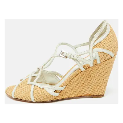 Prada Beige/White Raffia and Leather Wedge Sandals Size