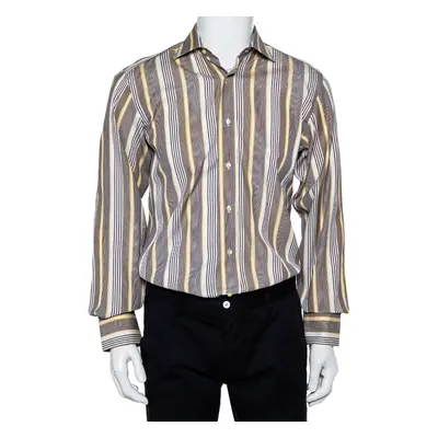 Etro Yellow & Navy Blue Striped Cotton Button Front Shirt