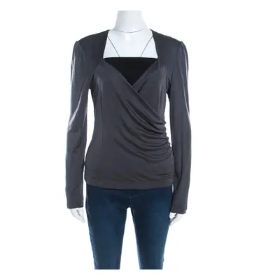 Escada Grey Silk Knit Ruched Crossover Front Long Sleeve Top