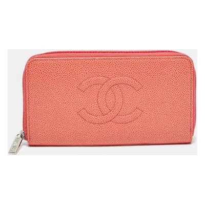 Chanel Orange Caviar Leather CC Zip Around Wallet