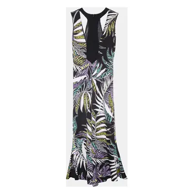 Just Cavalli Black Leaf Print Jersey Cut Out Detail Maxi Dress