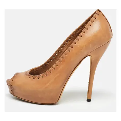 Gucci Brown Leather Whipstitch Detail Platform Pumps Size