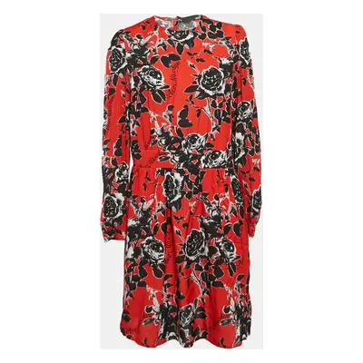 Love Moschino Red Textured Floral Print Crepe Short Dress