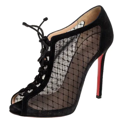 Christian Louboutin Black Mesh and Suede Lace-Up Peep-Toe Booties Size 38.5