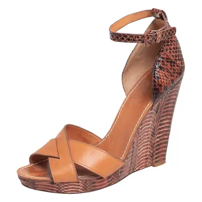 Tory Burch Brown Leather and Python Platform Wedge Ankle Strap Sandals Size