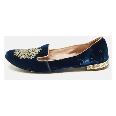 Miu Miu Blue Embroidered Velvet Crystal Embellished Smoking Slippers Size