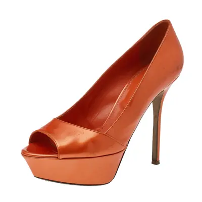 Sergio Rossi Orange Patent Leather Peep Toe Platform Pumps Size 36.5