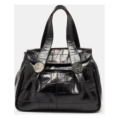 Aigner Black Croc Embossed Leather Satchel