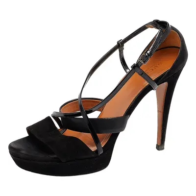 Gucci Black Suede And Patent Leather Platform Ankle Strap Sandals Size 39.5