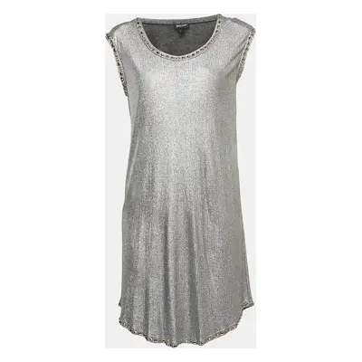 Just Cavalli Metallic Silver Lamé Jersey Metal Embellished Mini Dress