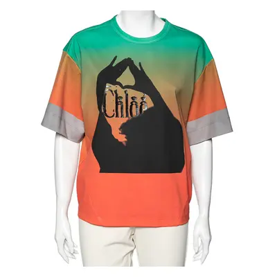 Chloe Orange & Green Ombre Cotton Logo Printed T-Shirt