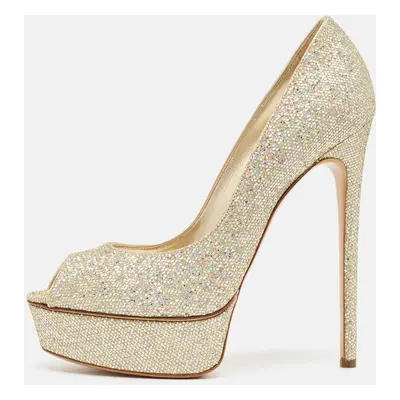 Casadei Gold Glitter Fabric Platform Peep Toe Pumps Size