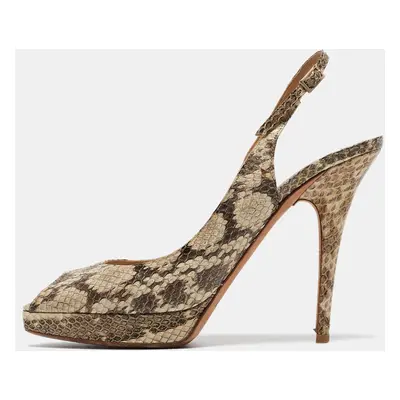 Jimmy Choo Brown/Beige Python Embossed Leather Slingback Peep Toe Pumps Size 39.5