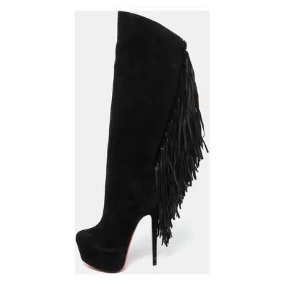 Christian Louboutin Black Suede Interlopa Fringe Detail Knee Length Platform Boots Size