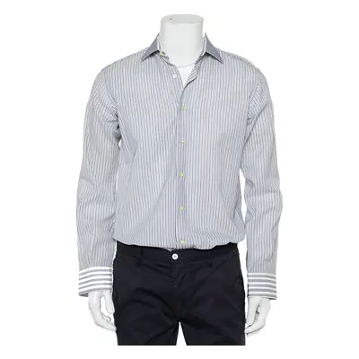 Etro White & Navy Blue Striped Cotton Button Front Slim Fit Shirt