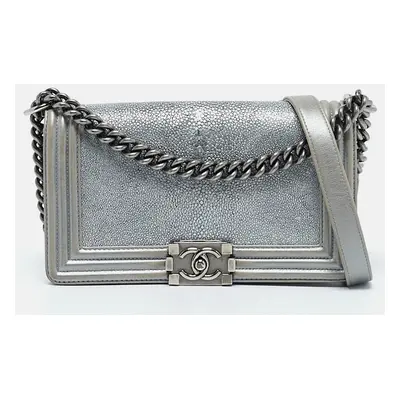 Chanel Grey/Silver Leather and Stingray Medium Boy Flap Bag