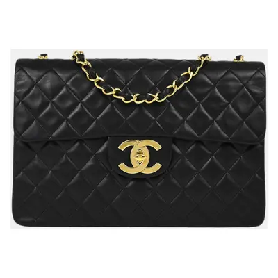 Chanel Black Lambskin Maxi Stainless Steel Flap Shoulder Bag