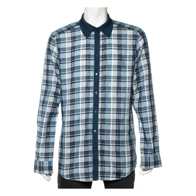 Dolce & Gabbana Blue Checkered Cotton Knit trim Gold Fit Shirt