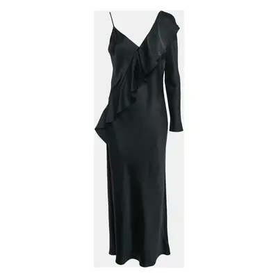 Diane Von Furstenberg Black Satin Ruffled One-Shoulder Long Dress