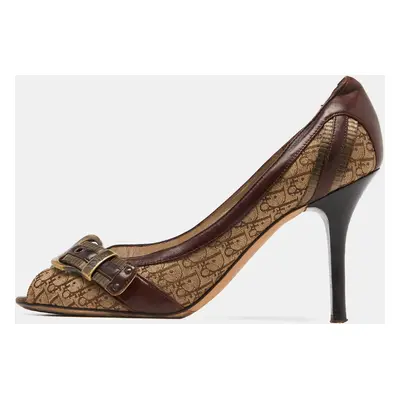 Dior Brown Oblique Canvas and Leather Peep Toe Pumps Size