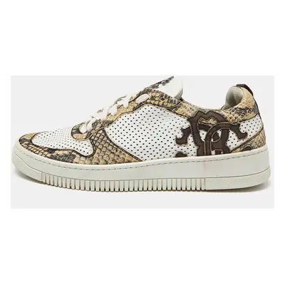 Roberto Cavalli White/Beige Perforated Python Embossed Leather Low Top Sneakers Size