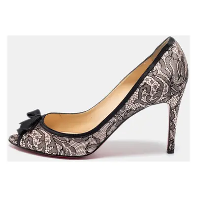 Christian Louboutin Pink/Black Satin and Lace Milady Peep-Toe Pumps Size