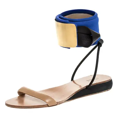 Chloe Blue/Beige Leather And Nylon Ankle Cuff Flat Sandals Size