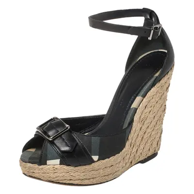 Burberry Black Leather and Novacheck Canvas Buckle Detail Peep Toe Espadrille Wedge Sandals Size