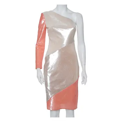 Diane Von Furstenberg Color Block Sequin Embellished Silk One Shoulder Midi Dress