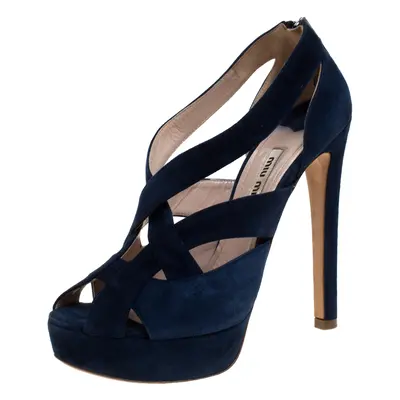 Miu Miu Blue Suede Leather Strappy Platform Sandals Size 36.5