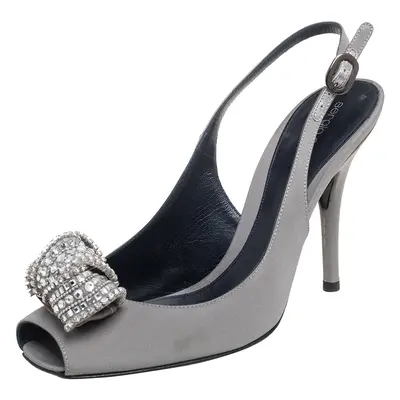 Sergio Rossi Grey Satin Crystal Embellished Knot Peep Toe Slingback Sandals Size 39.5