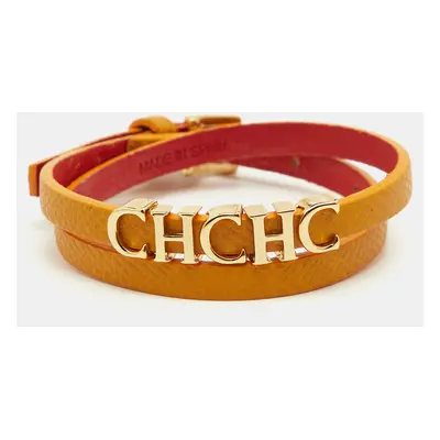 Carolina Herrera CH Logo Leather Gold Tone Double Tour Bracelet