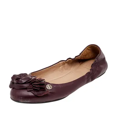 Tory Burch Burgundy Leather Flower Scrunch Ballet Flats Size 35.5