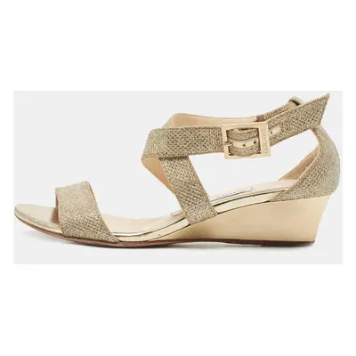 Jimmy Choo Gold Glitter Crisscross Wedge Sandals Size