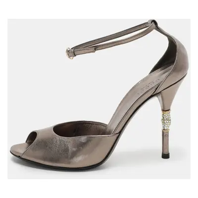 Gucci Metallic Leather Embellished Heel Ankle Strap Sandals Size